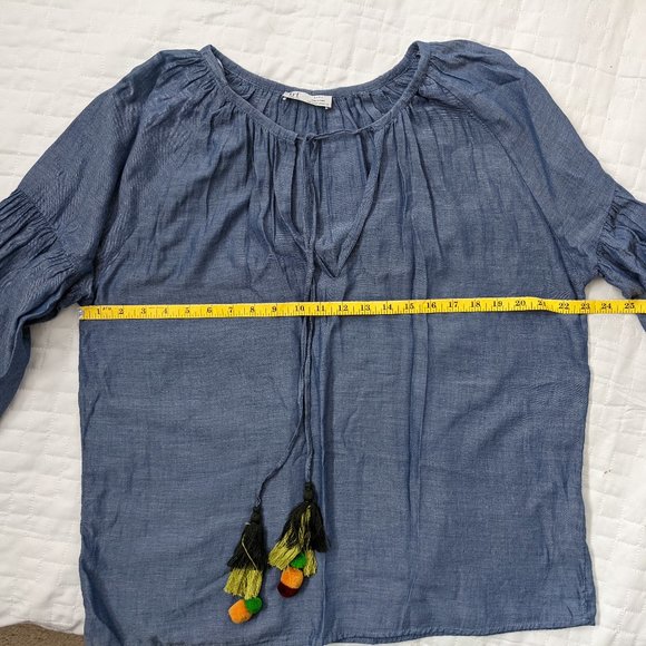 NWOT ZARA Oversize Chambray Top w/ Tassels & Balloon Sleeves, Size XS - Picture 4 of 10